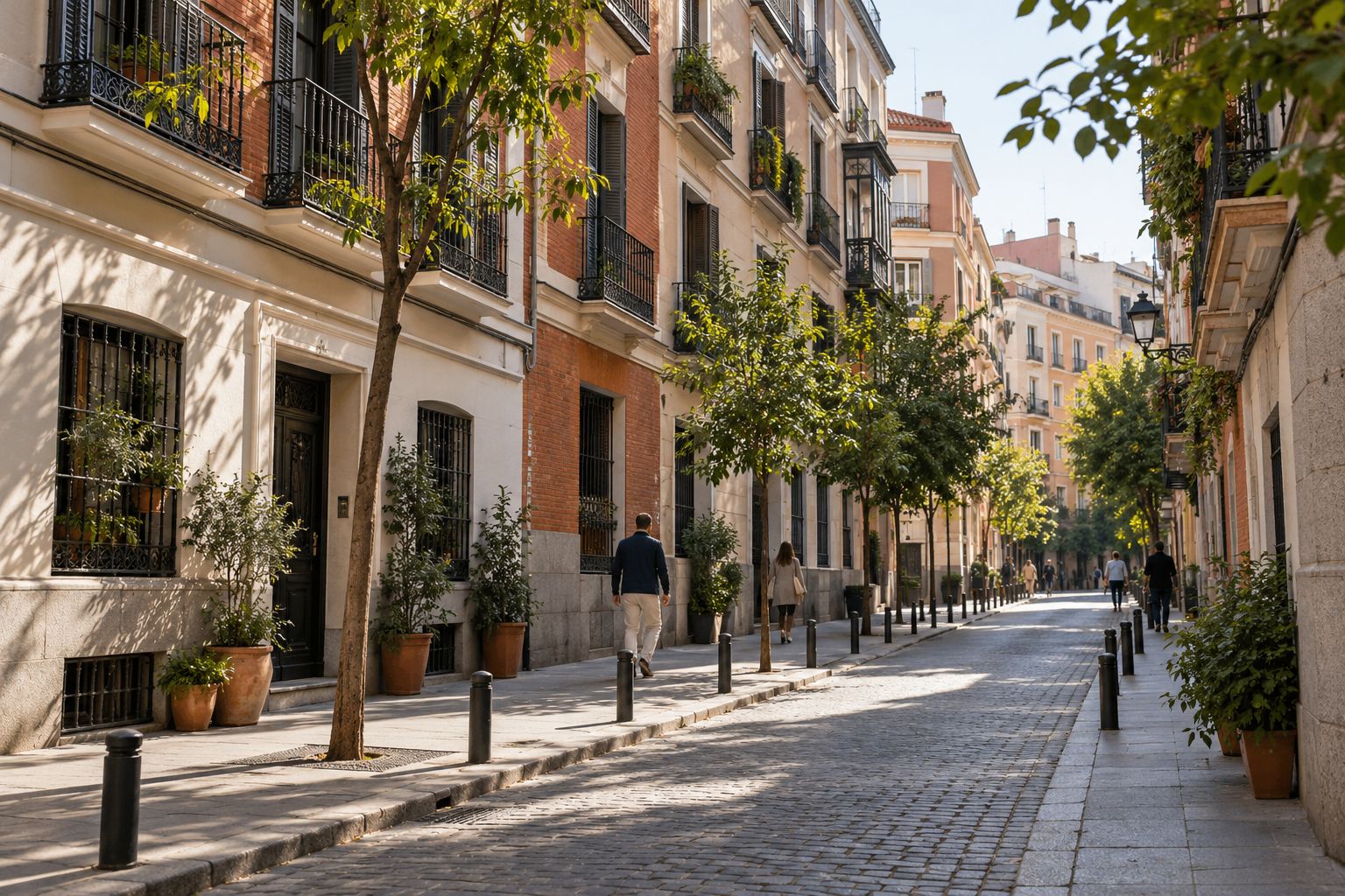 Calle residencial madrileña con balcones, árboles y fachadas iluminadas por el sol.