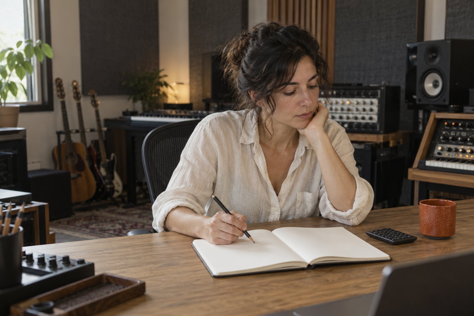 Una productora organiza notas y planificación de un episodio en una mesa de estudio.
