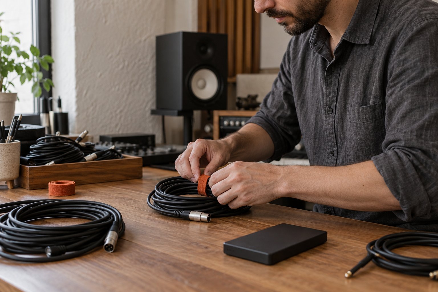 Un técnico organiza cables y una unidad portátil junto a una mesa de mezclas.