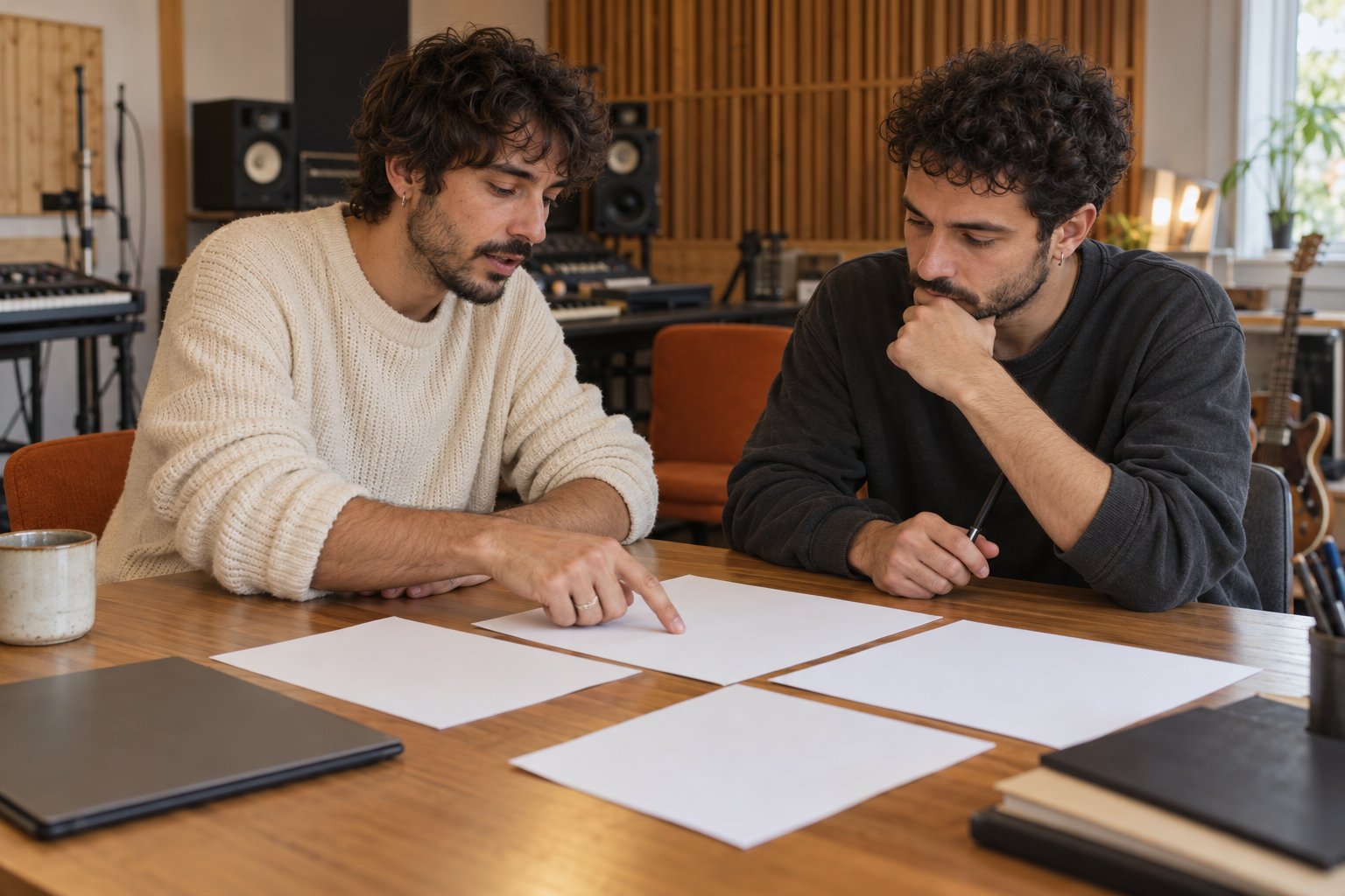 Dos colaboradores revisan documentación de un proyecto musical en una mesa de trabajo.