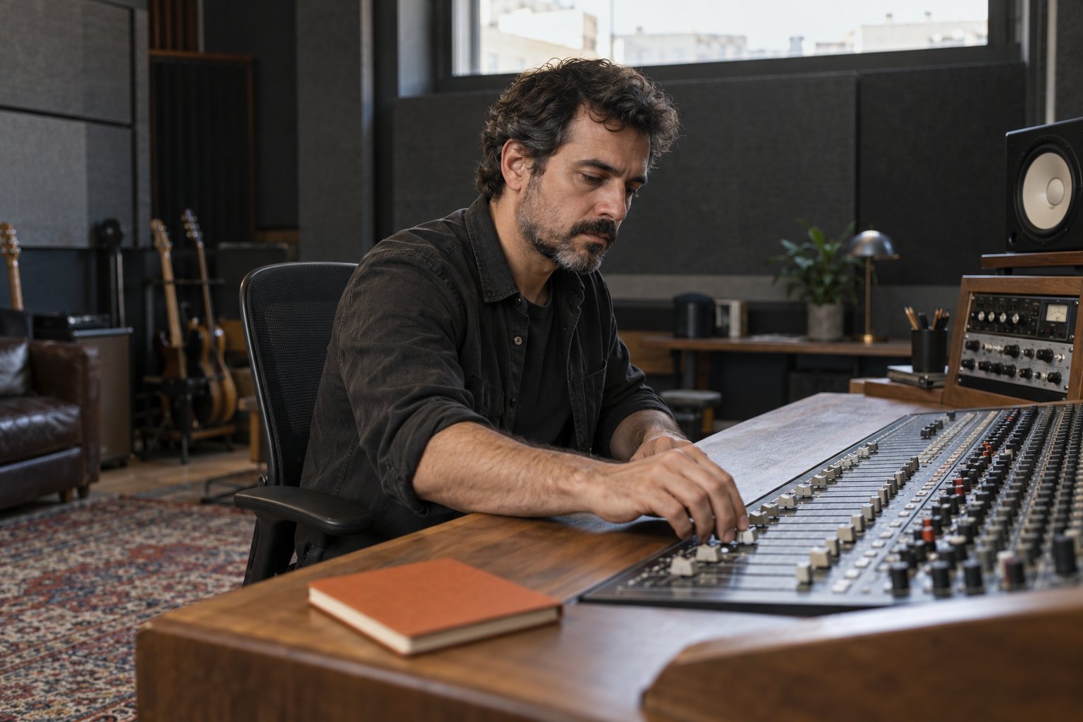 Técnico de sonido ajusta una mesa de mezclas en una sala iluminada naturalmente.
