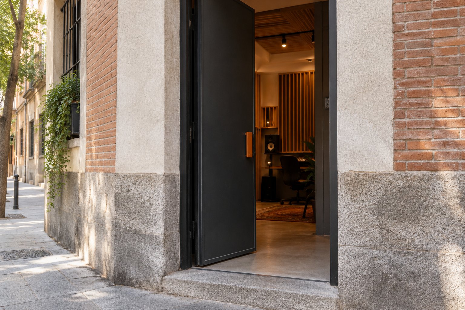 Entrada a un espacio de audio en una calle de arquitectura madrileña.